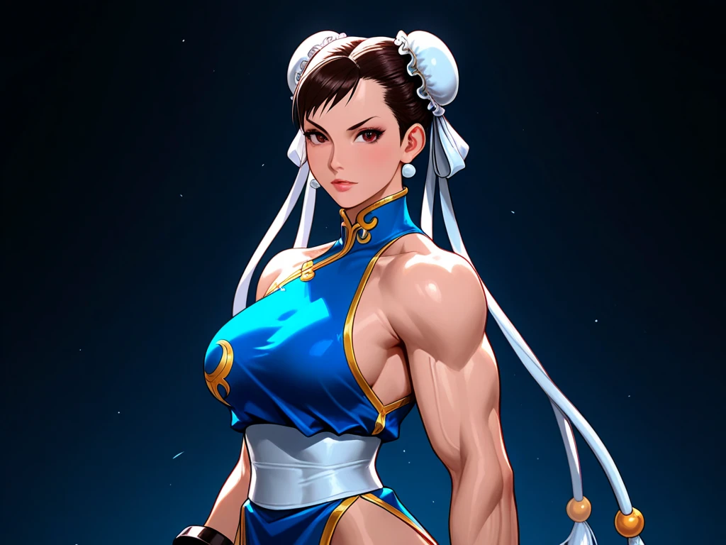 ((masterpiece)), (((best quality))), ((character design sheet)), ((full body view)) illustration,1girl, ((Chun li)), short brown hair, brown hair, brown eyes, double bun, hair ribbon, white dress, pelvic curtain, blue pants, bangles, upper body, rough sketches, pose, 8k,16k, (background, white background: 1.3)