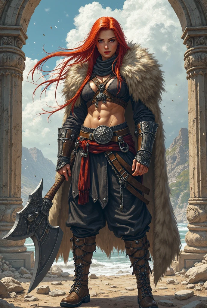 Female barbarian, red hair, breast plate, leather skirt pelt, great sword