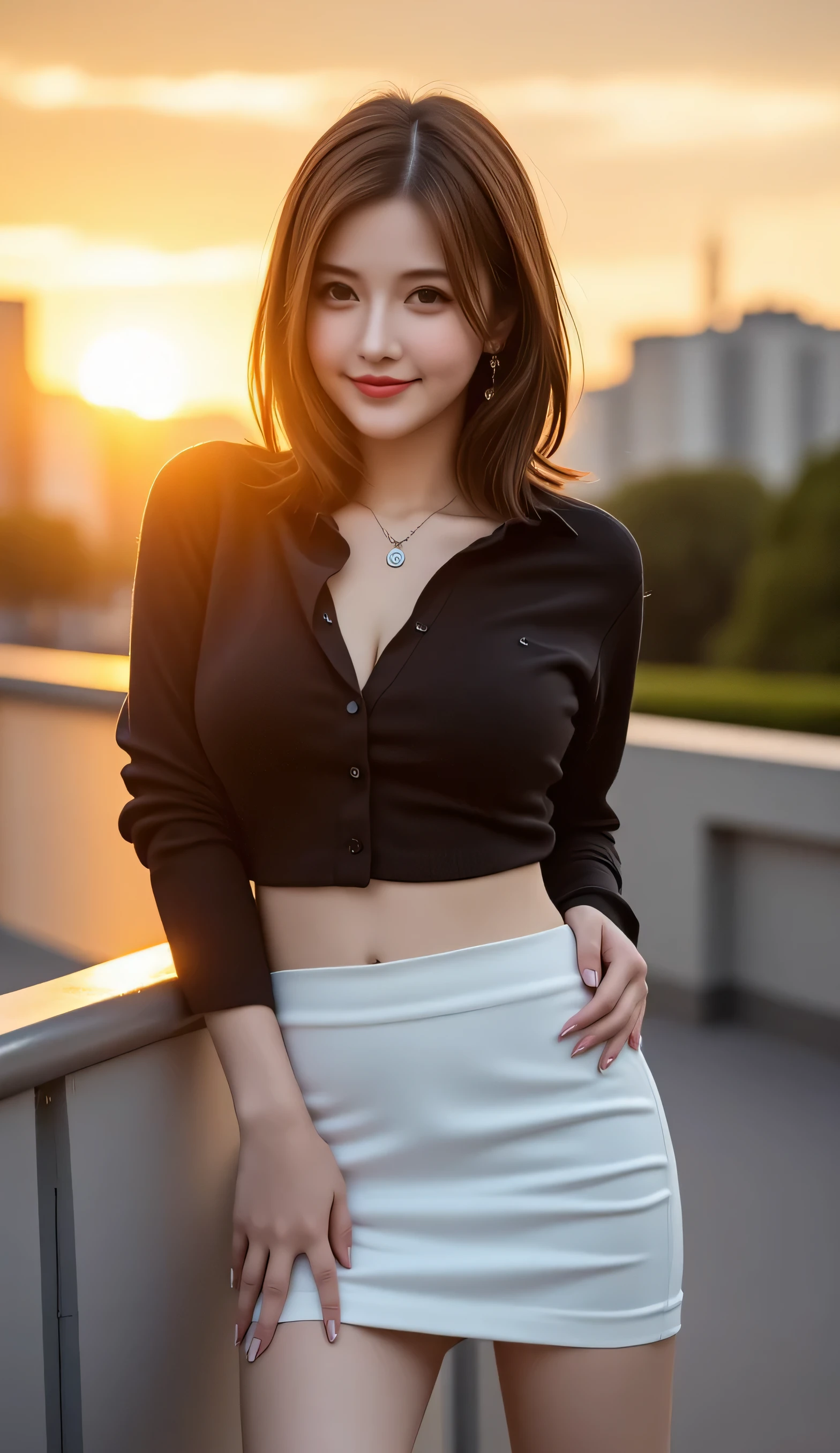 12K、HDR、 bits deep 10 bits 、 knee-length skirt、( realistic) , (photo realistic :1.4), masterpiece, beautiful ,A woman who exudes adult appeal 、Sunset time、I can see the sunset、The backlight of the sunset 、The sun sets over the buildings 、 hair is shaking a lot in the wind {x} model is standing on a dim bridge、 cleavage in years、 necklace、 earrings for women with first name、smile、black collared shirt、White tight skirt、 and the 、The model's knee is visible 、 and smiles at the viewer