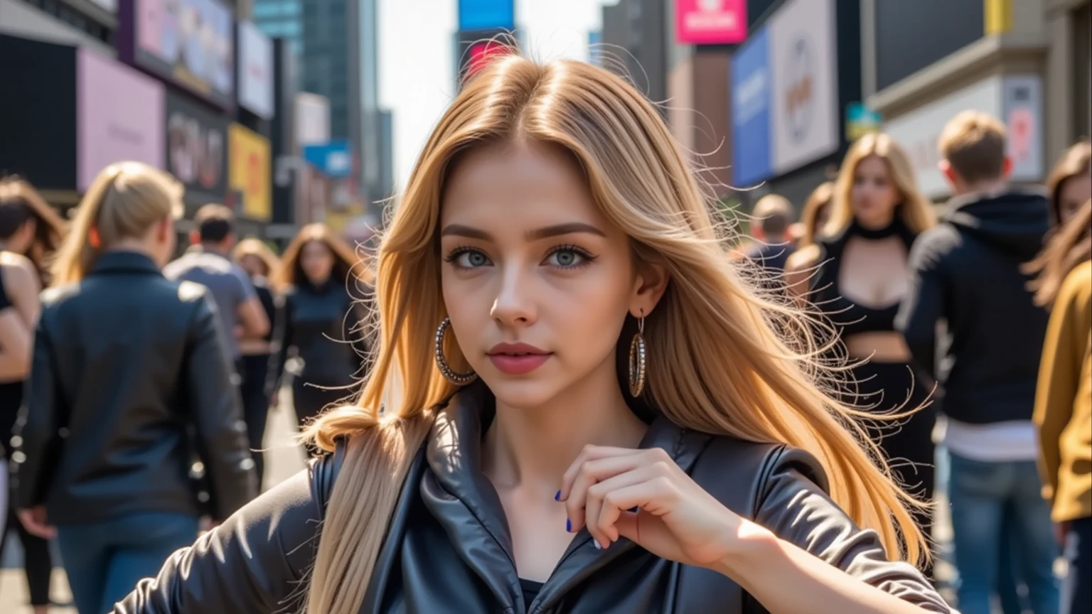 blonde suédoise fille, beaux yeux bleus, visage façonné, look époustouflant, Très détaillé, modèle instagram, concert de travis scott, tenue noire, sexy, fond de foule
