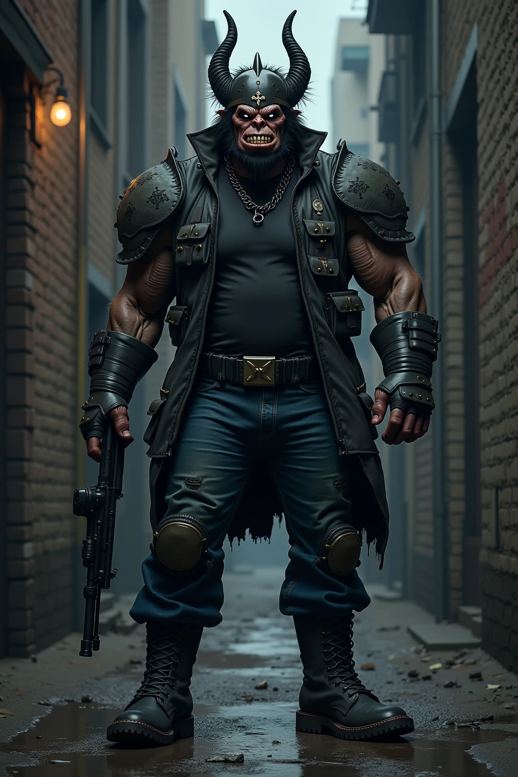 Fat rocker orc wielding a baseball bat and a shield