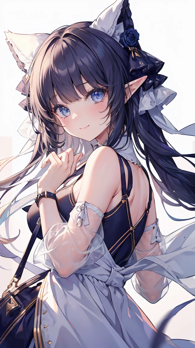 (anime style),masterpiece, best quality, extremely detailed,shoot from side,16Years old,elf,tanned skin,Beautiful body,Cinderella bust,BREAK,multicolored colorful black hair,shaggy hair,long hair,long ponytails hair,BREAK,black eyes,black choker,sensual smile face,open mouth,detailed lips,BREAK,Tiara,ripped red bridal gown,micro skirt,break,head tilt,in the lake Castle Night,hands on breasts,