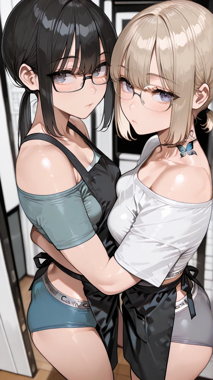 masterpiece, Highest quality, High resolution, ,((Two Girls,)),View your viewers,,,, (( )) room,sexual ecstasy, blush,glare,striped panties,baggy tshirt
