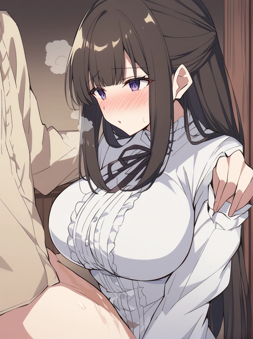 Cute , Sexy mature women,chubby cheek,sexy,realistic skin,huge saggy breast, nipple out,muted colours, pale white skin, mature women,black hair, long hair, (hair over one eye:1.4), Messy hair,hair between eyes ,low pony tail,sleepy eyes ,beautiful,pucker lips,smeared lipstick,charm,pubic hair pussy,dense pubic hair,blush on
