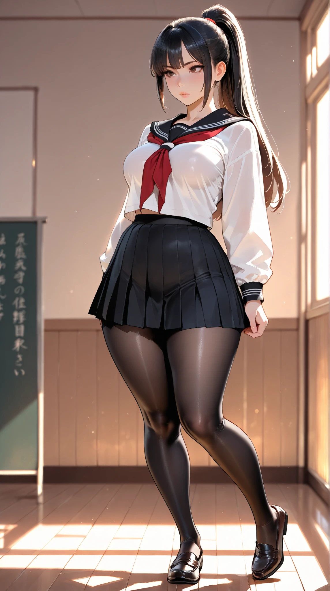 masterpiece, maximum quality, ultra high resolution, 8k, korean girl (Choi Nam-ra), full body, detailed face, identical face, detailed eyes, shy smile, wearing school uniform, wide hips, thick thighs, in the school hallway