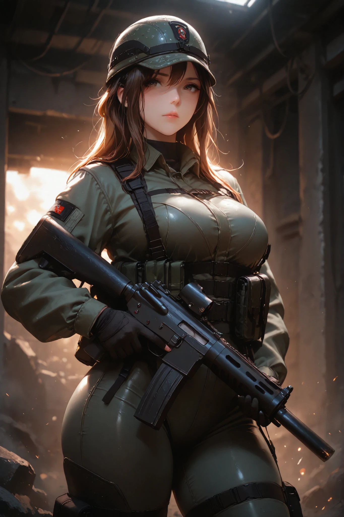 a female soldier, with a beautiful face, sexy body, tight military clothing, member holding a gun