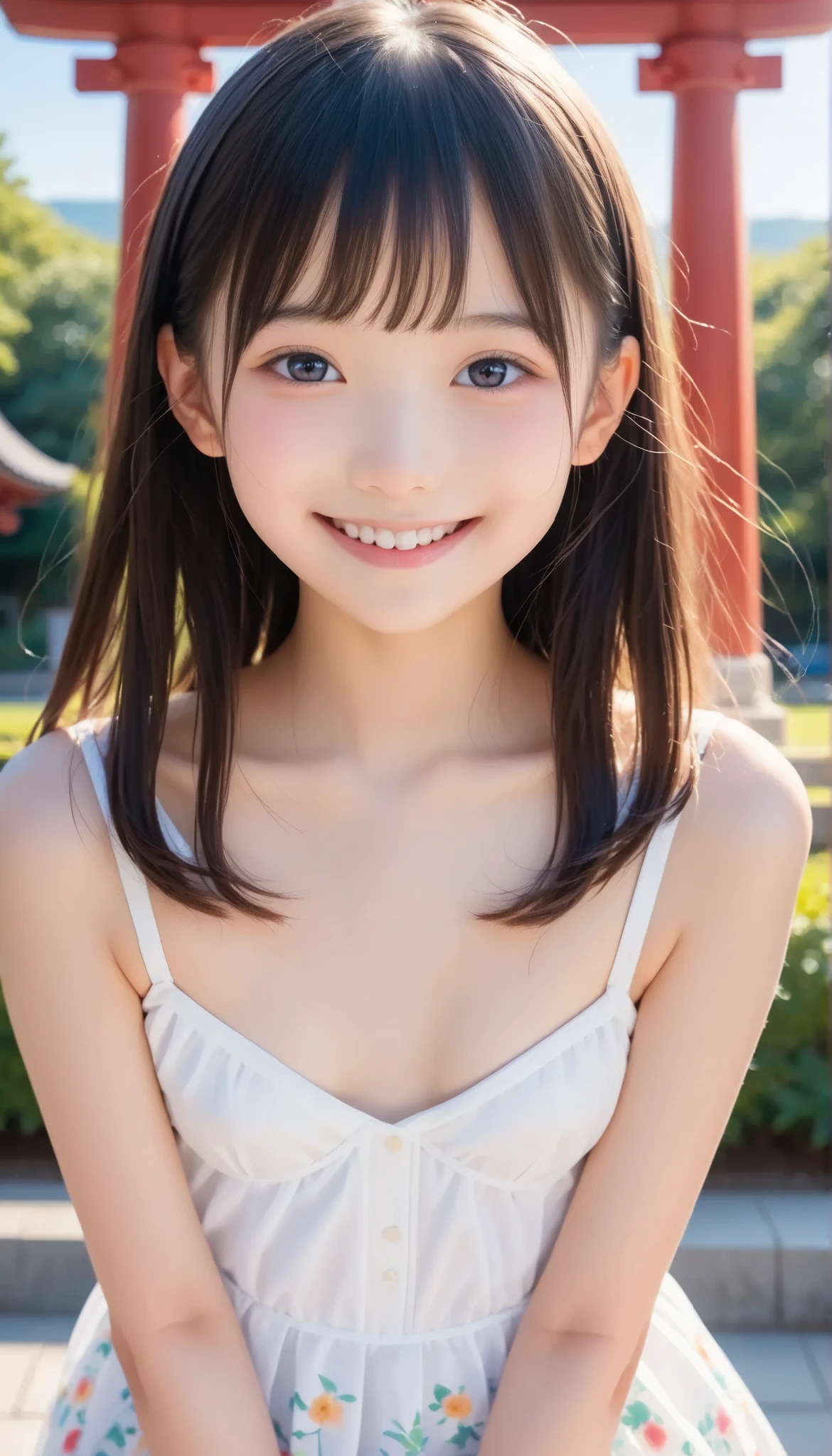 (8k), (raw photo),(Best Quality),(dramatic lighting, depth of field), (cinematic post-processing,cinematic scene,movie-like composition,cinematic lighting),
(A 、Younger woman), (Female middle school student)
(Very pretty ,Highly Detailed Faces,Detailed shoulders,Detailed bust), ( beautiful scenery, crystal ball isometric view,The natural light is too bright ), 
( sunlight shining into her chest ),
((cute,No makeup:1.3)), ( Immature Construction ,Delicate Body),(slender figure), (white porcelain skin:1.3),(white skin:1.7), (pretty face,   bright eyes,No makeup), (face like a Japanese idol),
(wearing small micro), (dark hair),
(Thin chest,small breasts:1.3),(Narrow shoulders,Thin Arms), (slim thighs,small butt:1.3),
(They are running cute but happily on the way to school in Kyoto after the rain,  Shrine Arch),(Shirtless:1.3),( pleated white floral skirt ),
(innocent face),(Smile,white teeth,angelic) ,(Face Hiding:1.2),