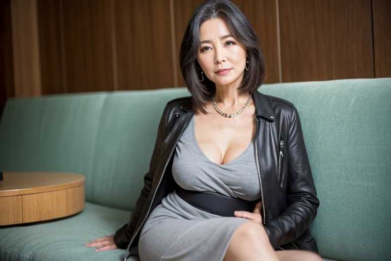 65 years old,(A MILF:1.2), a captivating gaze,(((long old gray hair))),Brown eyes, (A lot of wrinkles on her face:1.4), (There are many wrinkles on her chest1.4),Old Woman, Detailed wrinkles (8K, High resolution,ultra-quality, An ultra-high picture quality,Ultrarealistic,Best Quality,masuter piece:1.2)(breasts are large,Large cleavage:1.1) ,(Old Woman in Japan) ,sexy langeries,eyes visible through hair, Proper eye position,Cinematic Light,Soft light,lower back,Night time,Soft moonlight,detailed color graded background,Convoluted, ighly detailed,8K,Overall silhouette,Bedrooms,Looking down,(((Red leather jacket))),((tshirts)),((JINS)),