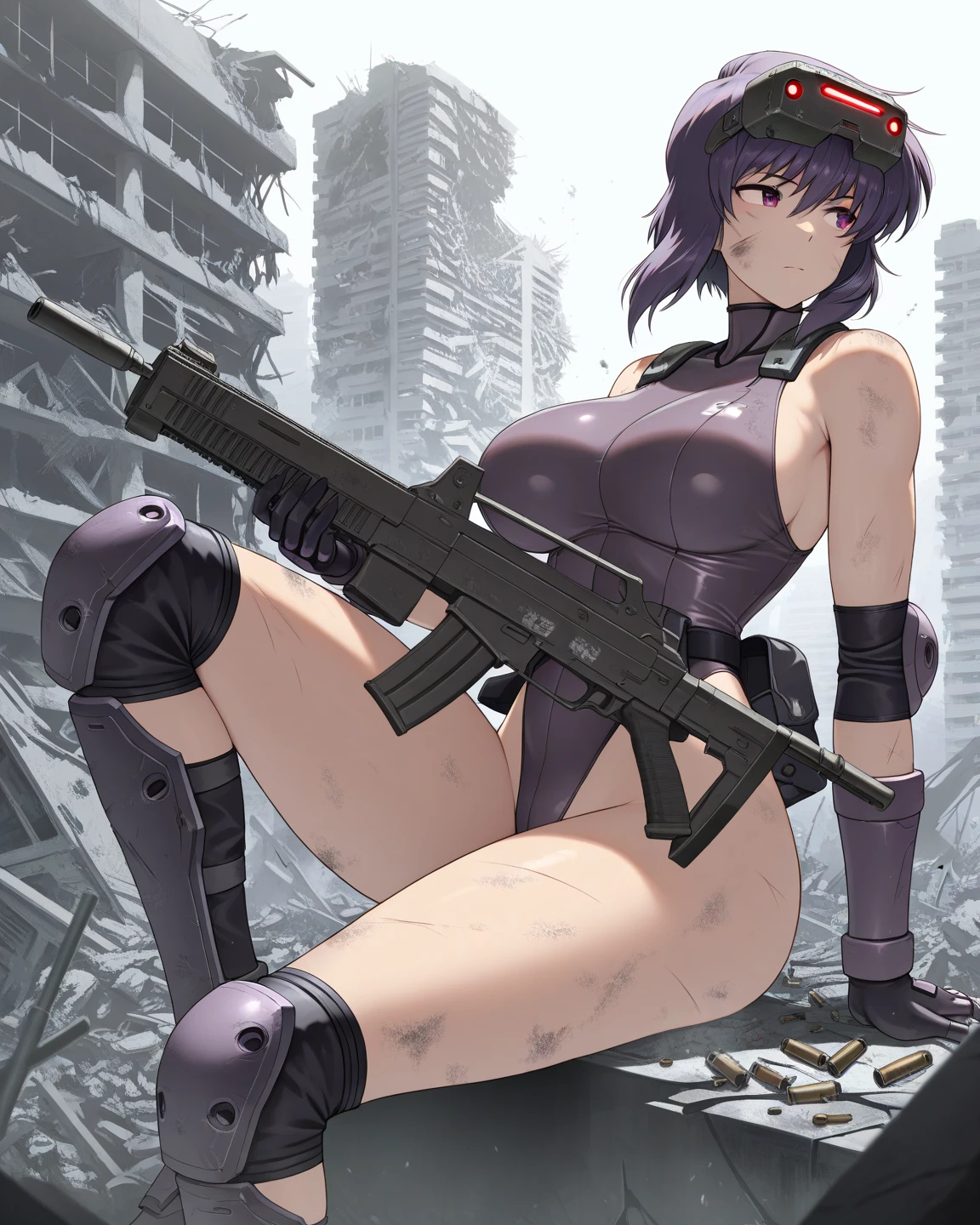 masterpiece, best quality, 1girl, weapon, breasts, purple hair, gun, solo, purple eyes, rifle, short hair, mask, large breasts, cleavage, tank top, jewelry, dog tags, mouth mask, scarf, sniper rifle, assault rifle, wet, see-through, rain, covered nipples, <lora:kuroudo_senran kagura-000012:0.9> <lora:Senran_kagura_style:0.1>