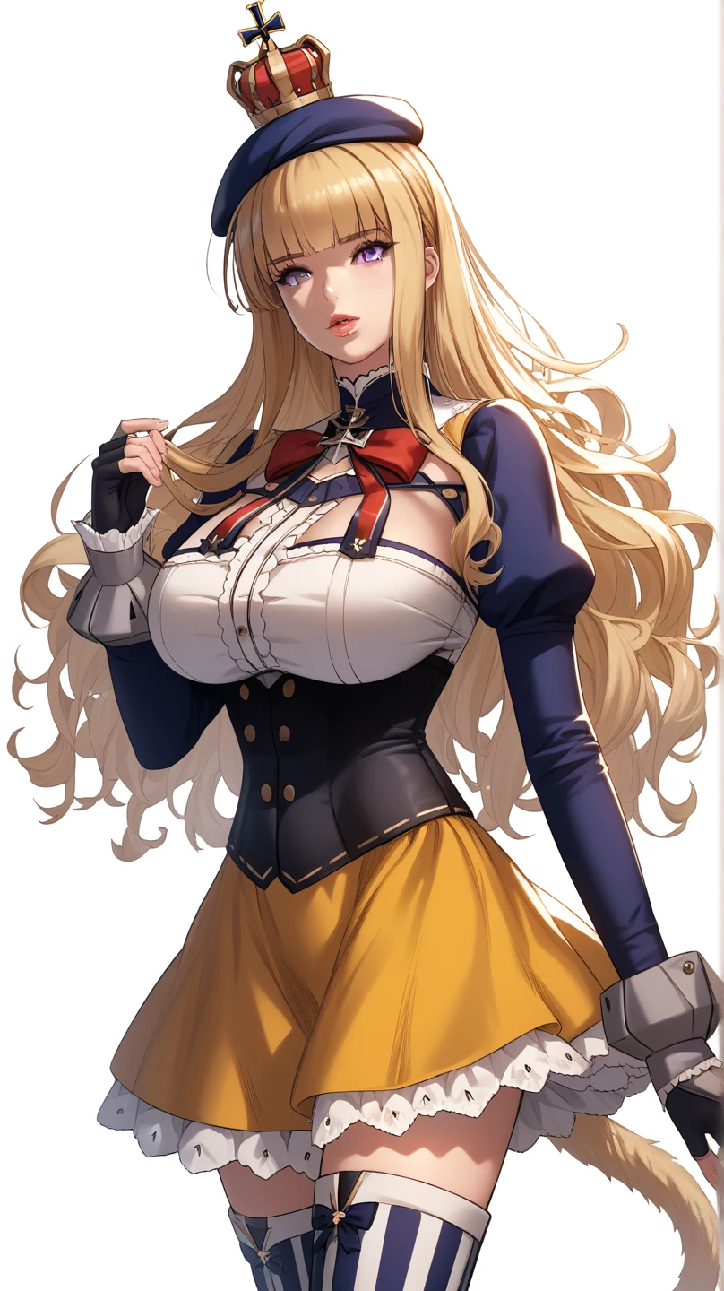 blonde and wavy hair, hairstyle for loose hair.blue eyes.Smooth and attractive facial features.outfit, She is wearing a white blouse with ruffles at the neck..Fitted red jacket with black and gold details.Black cape with an orange inner lining and geometric pattern.Tight white pants with black suspenders and belts.High heeled black boots.He carries a document or file in his right hand.