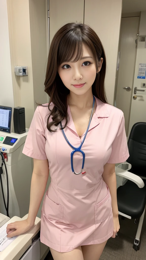 （solo、Nurse Uniform、Light pink nurse uniform、Micro Mini Skirt、Nurse cap、Ass、Black Hair、Big Ass、Health Room、Peeking into this、Cleavage）、Extremely sexy、smile、Professional Lighting、Small waist、Beautiful adult woman、Captivating thighs、Very large breasts、Stethoscope、Sitting