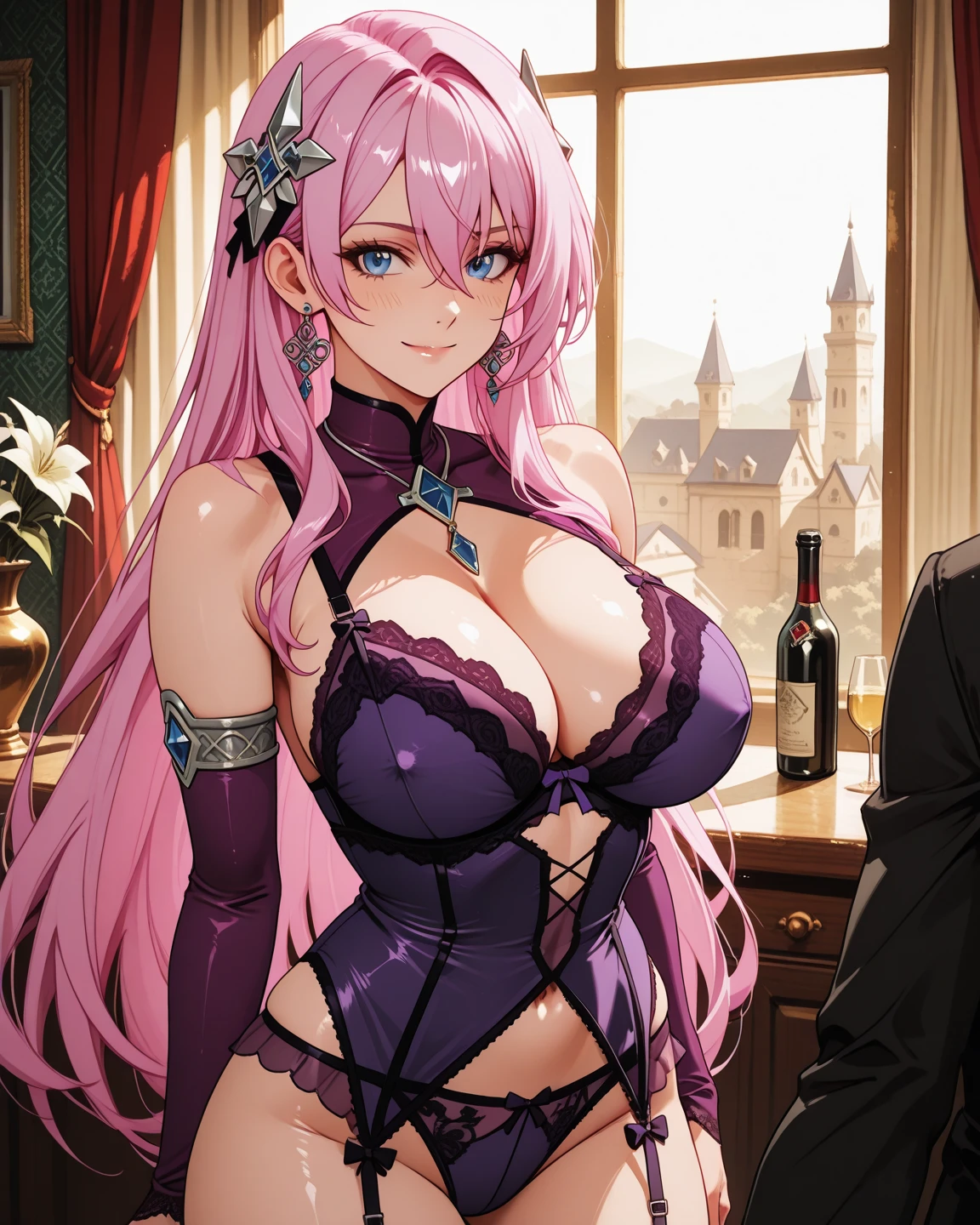 A pink haired woman with violet eyes with an hourglass figure is posing in sexy armor in the bar