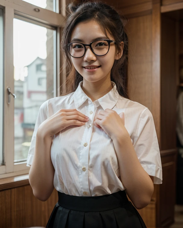 Top image quality、超A high resolution、masutepiece、Photoquality(photographrealistic:1.8)、Delicate skin texture、accuracy、Japan women、17 age、Girl Smile、A dark-haired、Cute dimples、Non-makeup、Hair to the nape、straight haired、Boyish girl、Black-rimmed glasses、I am an honors student、Slender girl、Smaller chest、Flat-breasted、laugh face、Have a good laugh、Look straight at me、hi-school girl、White short sleeve blouse、White shirt with collar、Unbutton the front of the shirt、showing white panties、Dark blue box pleated skirt、Exposed shirt hem、 By the window of the classroom、Outside the window is a playground、Put your feet on a chair、laugh face、Have a good laugh、Facing the front、reflective light、