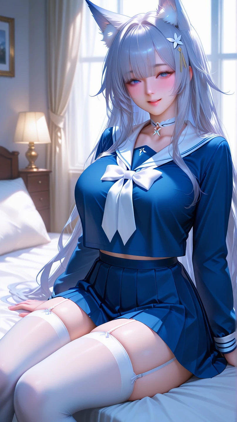 Best Quality, masutepiece,, Illustration, Wallpaper,1girl in, Solo, White bra, Bright purple-silver hair, Semi-long hair, Beautiful detailed girl, extremely detailed eye and face, Beautiful detailed eyes, Shy, natural_Lighting, Glow,NSFW, Clean sky, Looking at Viewer, Outdoors, nigh sky, Star (skyporn), Loafer shoes, Black pantyhose, blue bowtie, Straight hair, Purple petals, Purple and blue flowers, Ponytail, Blue Ribbon,White hair, Thick_thighs thighs thighs thighs, Large breasts,knee sox,Open your crotch,Black underwear,barechested,,Sleep in bed,be shy,toppless,Upper body naked,sleep,Shot from the top of the bed,