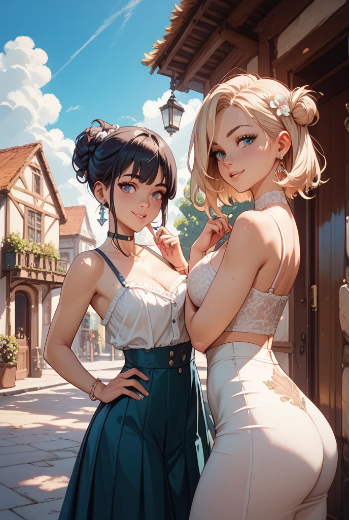 ((Best quality, 8k, Masterpiece: 1.3)), Sharp focus: 1.2, A beautiful (European) woman with perfect body: 1.4, goddess: 1.2, ((Layered haircut, Large breasts: 1.2)), (no bra) (Small and beautiful hard nipple) (Thin and button up to shirt length: 1.1), Highly detailed face and skin texture, Detailed eyes, Double eyelid, tanned skin, sexy, tan, perfect skin, exposed shoulders, cleavage, on the street