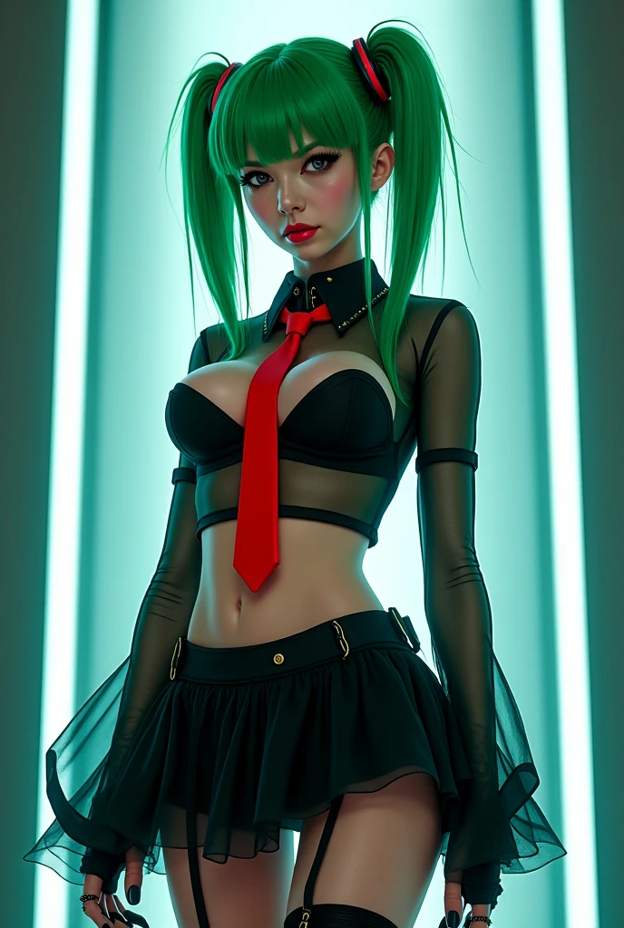 (masterpiece, photorealistic) slender girl, goth school girl in classroom sitting on desk, facing viewer, looking at viewer, tight white tank top, low cut top, skirt. chains, fishnet stockings, piercings, pigtails, small breasts, cleavage, long black and green hair, pale skin, goth, black lipstick