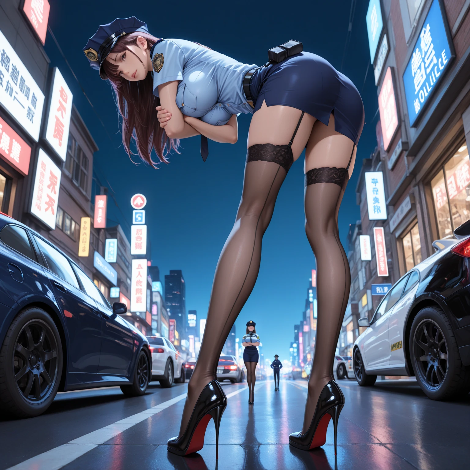 (((masterpiece, Highest quality, High resolution, 超High resolution, Perfect Pixel, Depth of written boundary, 4K, RTTX 10.0))), Beautiful Anime Woman, Beautiful art style, Anime characters, ((Smooth texture, Realistic texture, Anime CG Style)), Exact finger count、Exact number of legs、(Exact number of arms:1.0, Exact number of hands:1.0), (Perfect hands, Perfect Anatomy), Cinematic, Realistic, Extremely detailed CG, Daytime lighting, Perfect lighting, Best Shadow, The best natural light, A separate, precisely shaped car, whole body, Perfect body, バランのとれたPerfect body, Perfectly balanced style, Slender body, ((bangs, Reddish brown hair, Bobcut)), ((Back view of a pretty adult woman standing in a sexy pose in front of a car:1.8)), (pussy juice:1.5), ((Bow tie around neck:1.3), (Sexy and cute blue underwear:1.3), (Stylish shiny blue satin panties, Side-tie blue full-back panties, Blue full-back panties with lace trim:1.3), (Thin panties:1.3), (Blue micro lace satin bra, Blue bra with lace trim, Thin bra:1.3), (garter belt, Garter Strings, Knee socks:1.3):1.3), (motor Show, Many visitors in the background, Crowded venue, A show car on display in the background, indoor:1.7), naked, In underwear, Angle from directly behind, Close-up angle of buttocks in full-back panties