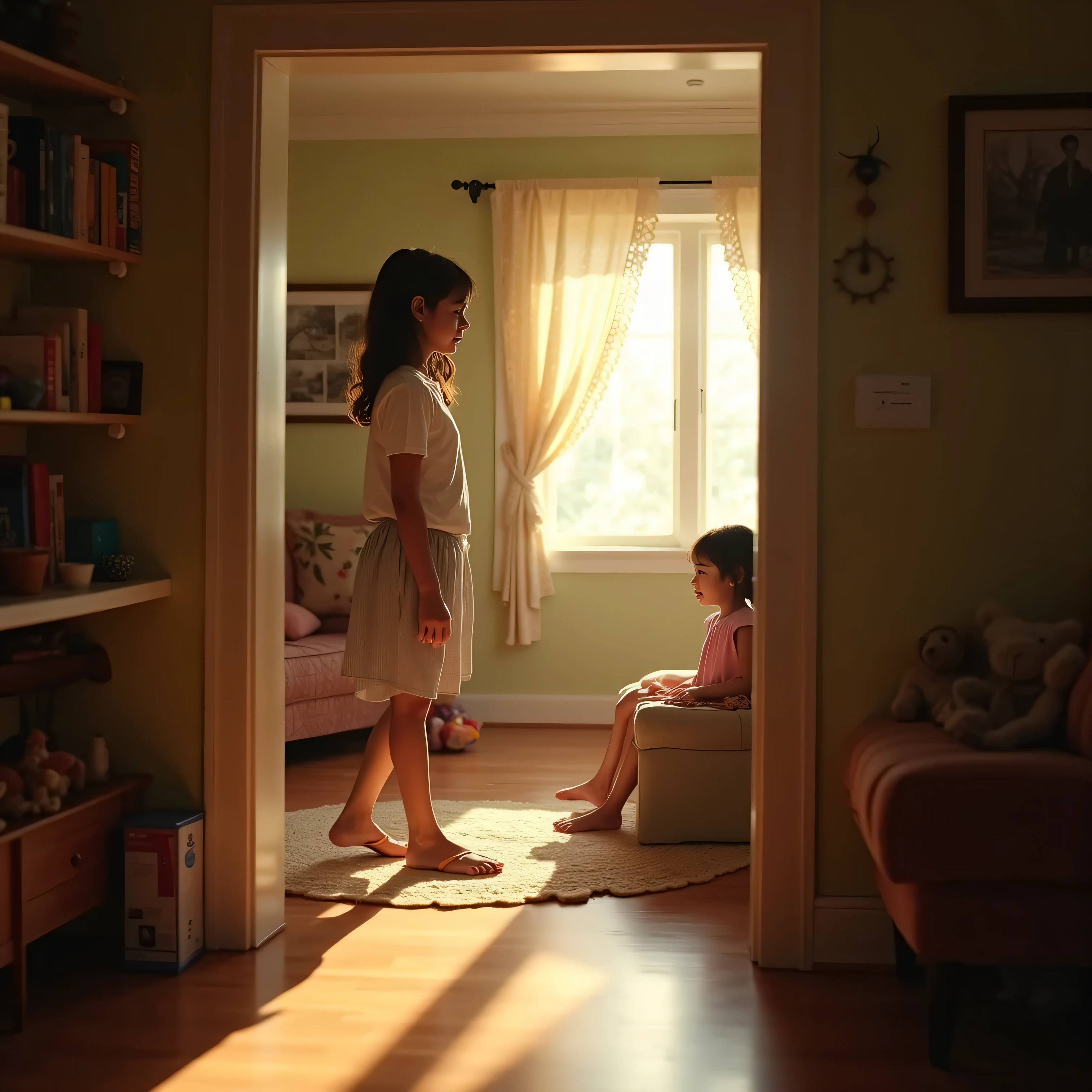 Floor-to-ceiling windows in the living room on the 180th floor of the Shanghai Tower door，Two little girls in openwork translucent stockings holding toys，Pout，Pink double-tailed hair and cyan eyes，Anime little girl in servant costume