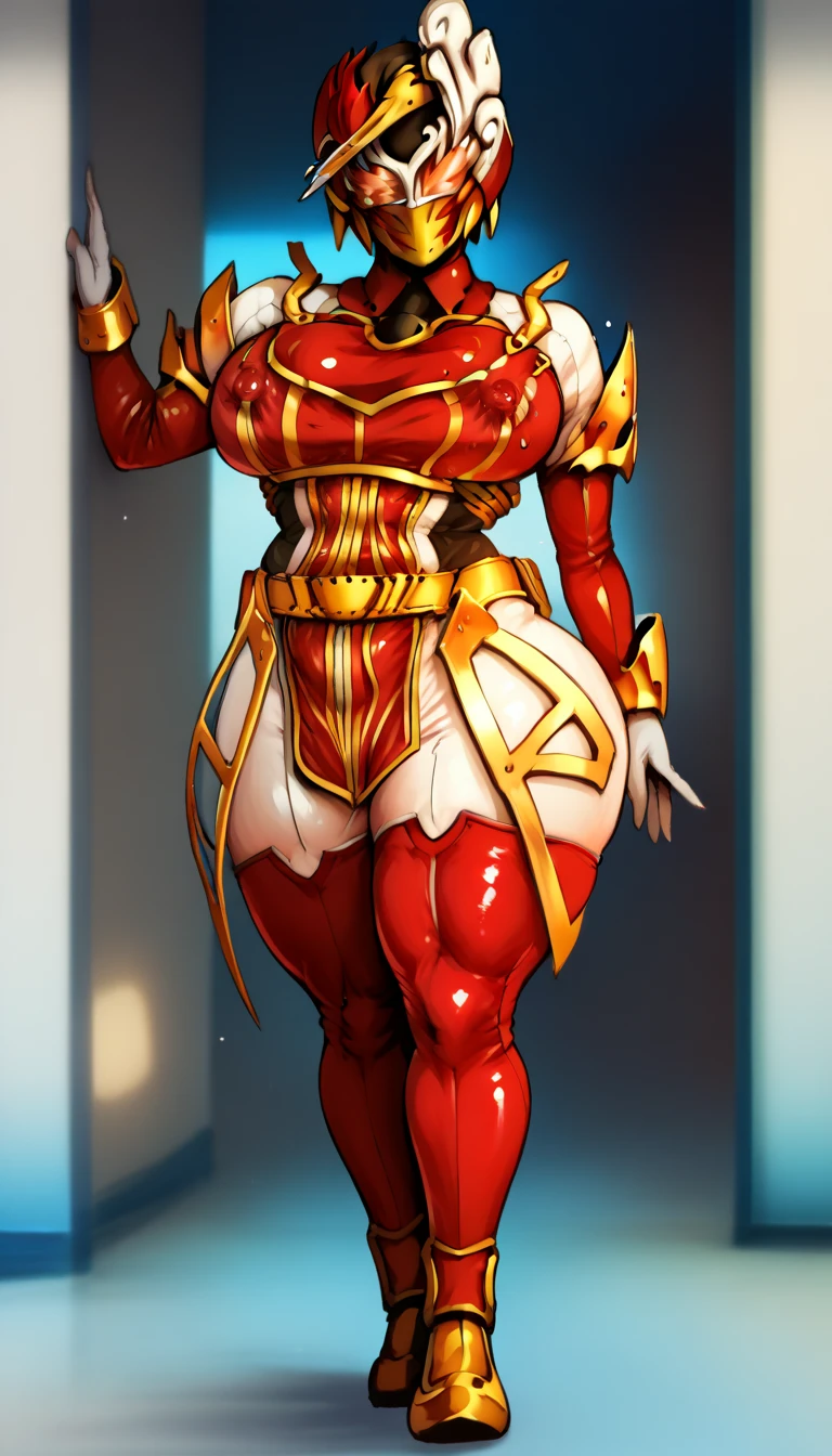 full body, def_effie, RED breastplate, RED skin, looking at viewer, shiny,armor, thighhighs, high boots,shoulder armor, faulds, poleyn, gloves, gauntlets, Rerebrace armored boots, pauldrons,(masterpiece, best quality, ultra-detailed, best shadow) yordle (1girl)( RED skin:1.2) pointy ears muscular lean platinum blonde long twin-tails hairstyle at the office lustful smirking smile face red blushed, blush, strong abs, female body builder, tiara, twin drills hair