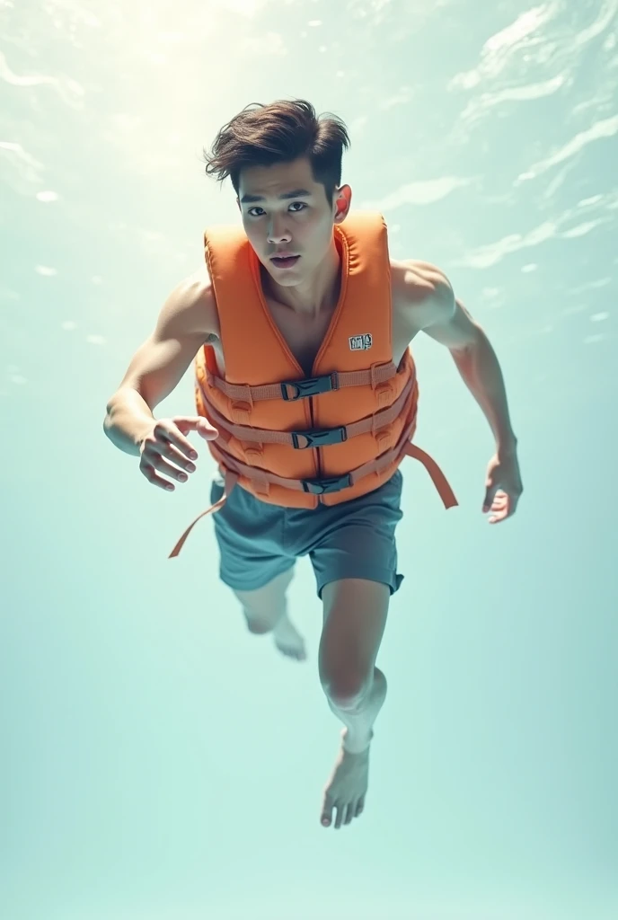 (Chinese Handsome: 1.5), a male diving, underwater, realistic details, realistic photos, textured skin, looking into the camera, 18 years old boy