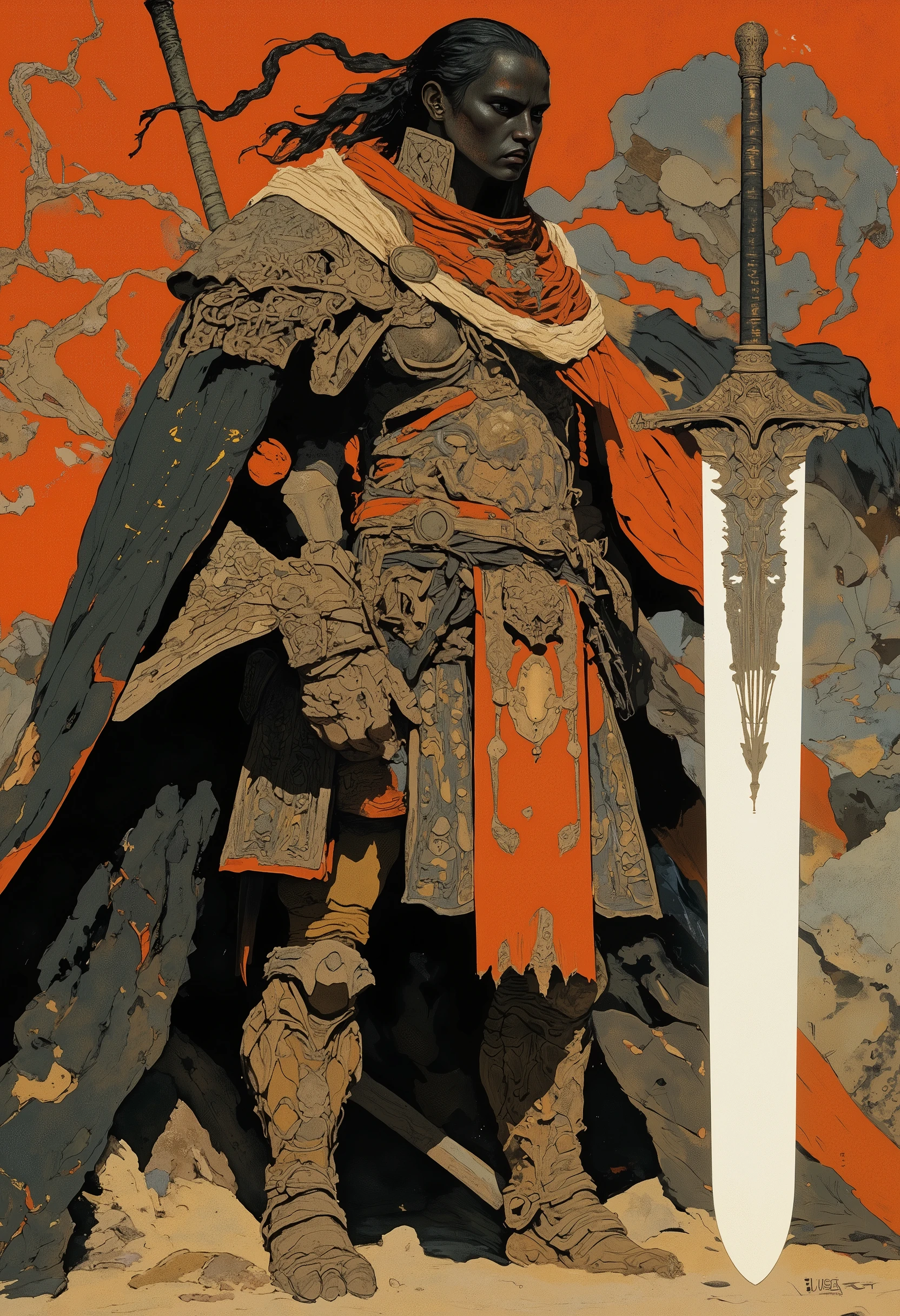 , tanlines, tan, Oversized Coat、 Female Warrior、sword、big