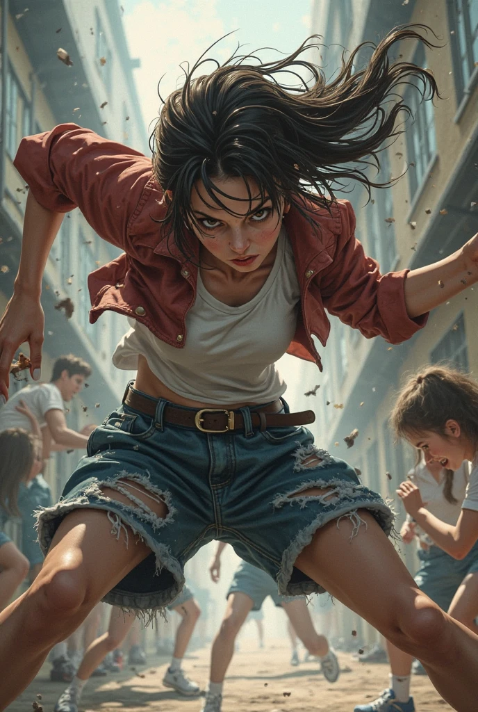 Very aesthetic inkpunk illustration, Alison Tyler, (((standing high kick with one foot touching the ground and the other foot pointing at the heavens))), sentada em uma cadeira simples, corpo inteiro, separated-lips, ,(((jaqueta de couro preta com rebites))) , ripped jeans, camiseta branca, , fundo da parede com graffiti, Arte por Mschiffer