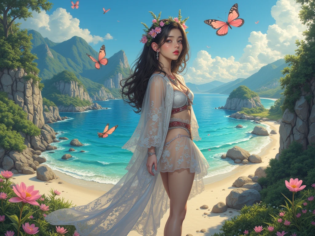 [(white background:1.5)::5], (bottle bottom:0.9), 1 girl, mid shot, full body, butterflies, floating petal, stone fragment, beautiful detailed water, cloud, sun, dusk, sunset, beautiful detailed cloud,ocean, sea waves, water splashes, aqua --auto --s2