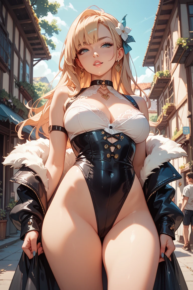curvy anime girl hips, latex outfit, lascivious pose, relaxed legs with latex thigh high lace up boots, magical dazzling high quality
