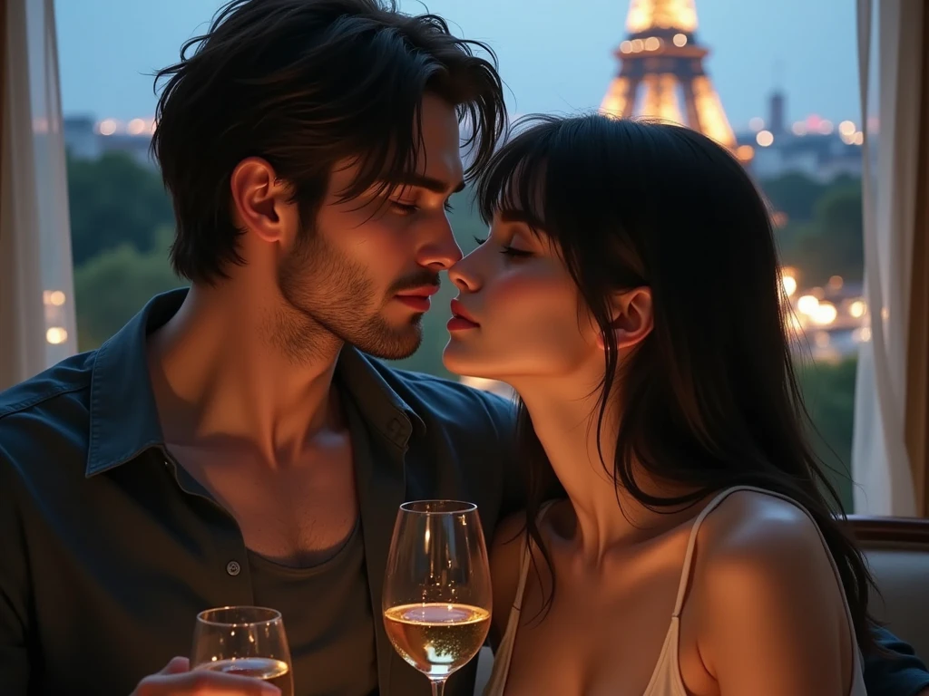 They kiss.
A 25-year-old man, athletic build. Azure blue eyes. Dark brown, medium-length hair with a messy fringe falling to the right. shaved. He’s wearing jeans and a shirt. He’s drinking a glass of white wine.
A 24-year-old Franco-Japanese woman, pale skin. Straight, neatly styled black hair. Dark brown eyes. She’s dressed in jeans and a tank top. She’s also drinking a glass of white wine.
They are in a Parisian living room with a view of the Eiffel Tower.