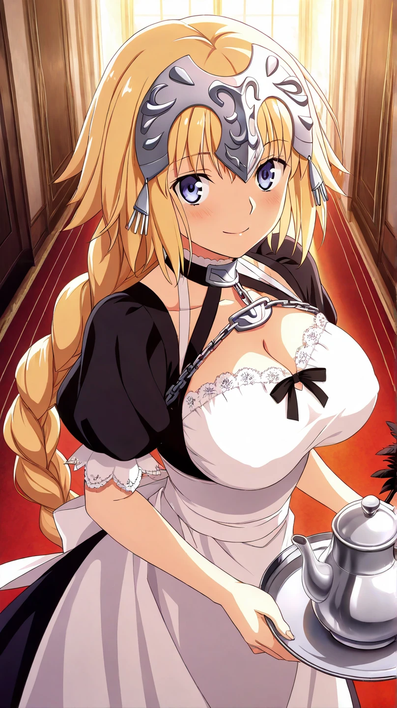 masterpiece, best quality, detailed face, detailed eyes, 1girl, solo, solo focus, HUGoldie, blonde hair, long hair, hairclip, (dark skin,) blue eyes, choker, midriff, (cleavage), (maid), black miniskirt, frilled skirt, puffy short sleeves, elbow gloves, (indoors, kitchen,) frown, focused, v-shaped eyebrows, light frown, leaning forward, skindentation, sink, counter, cabinet, window, arms up,