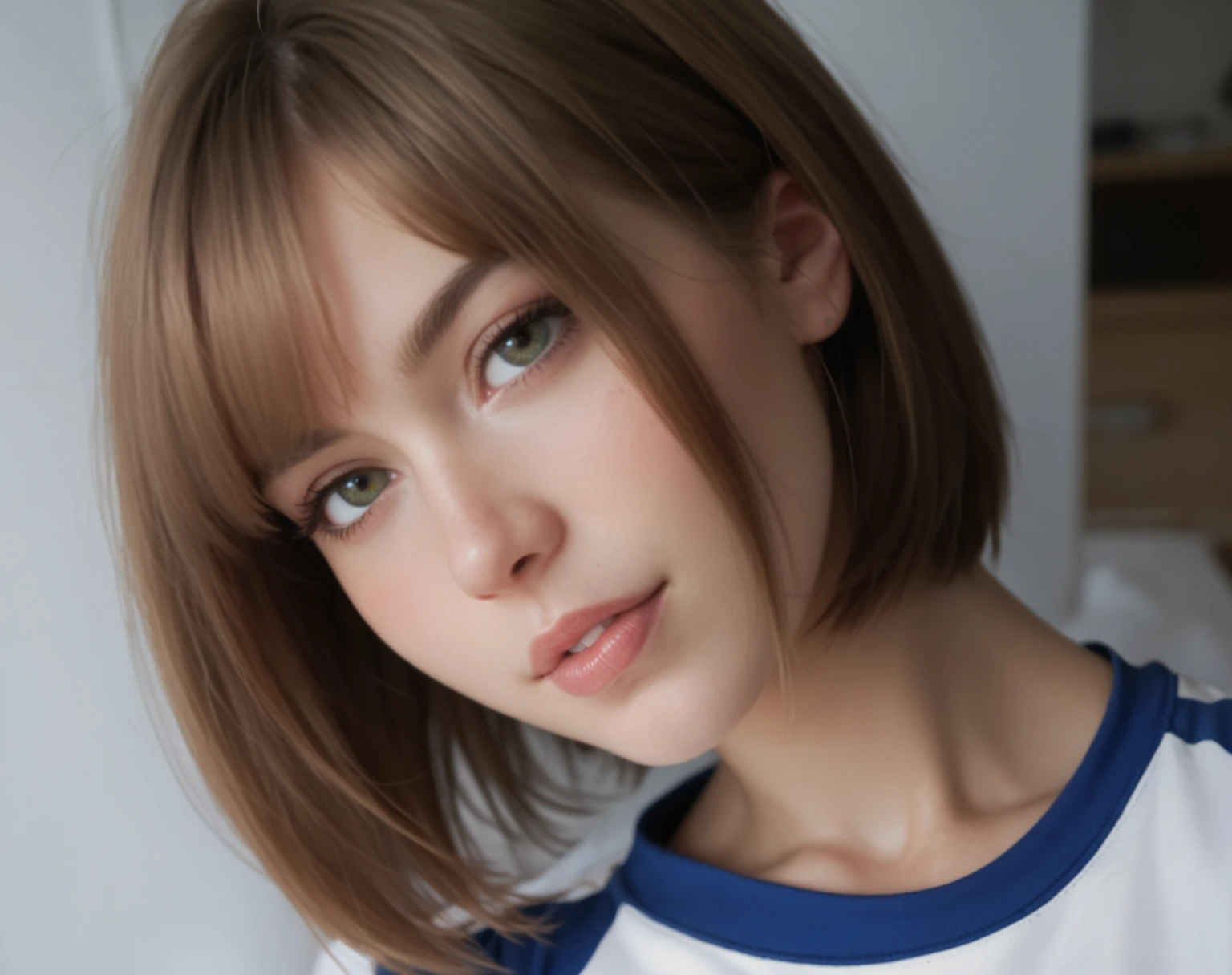 (Best quality, 8k, 32k, masterpiece, UHD: 1.2), photo of a beautiful American girl, lovely red lips, very short bob hair, upper body, facial focus, bikini, skull necklace, beach background, from above, looking at the viewer,