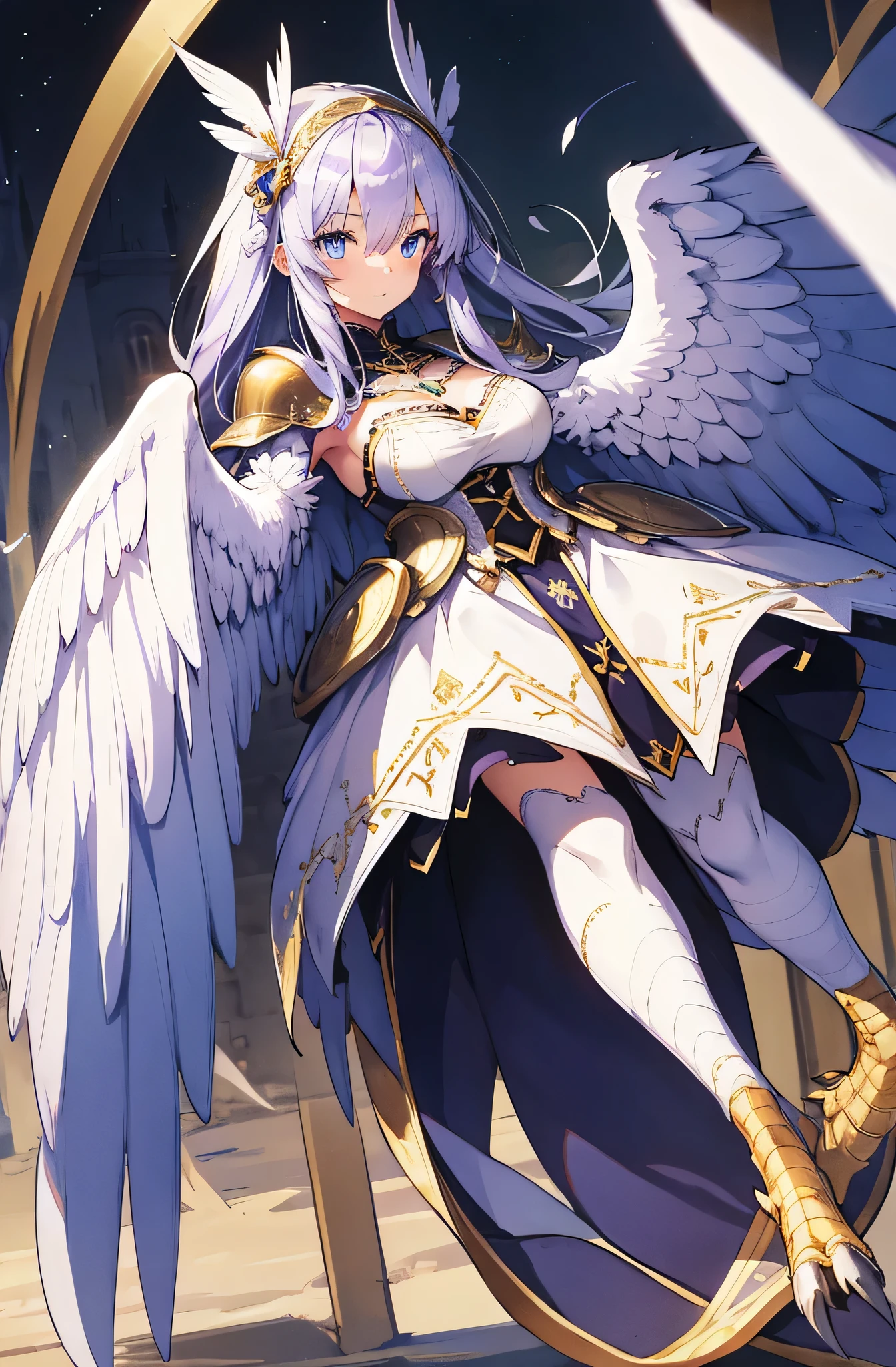 4K,High resolution,one woman,harpy,White purple hair,long hair,blue eyes,big breasts,white wings,golden nails,Valkyrie,white holy armor,winged hat,Jewelry Decoration,crystal decoration,gold decoration,Temple in the Sky