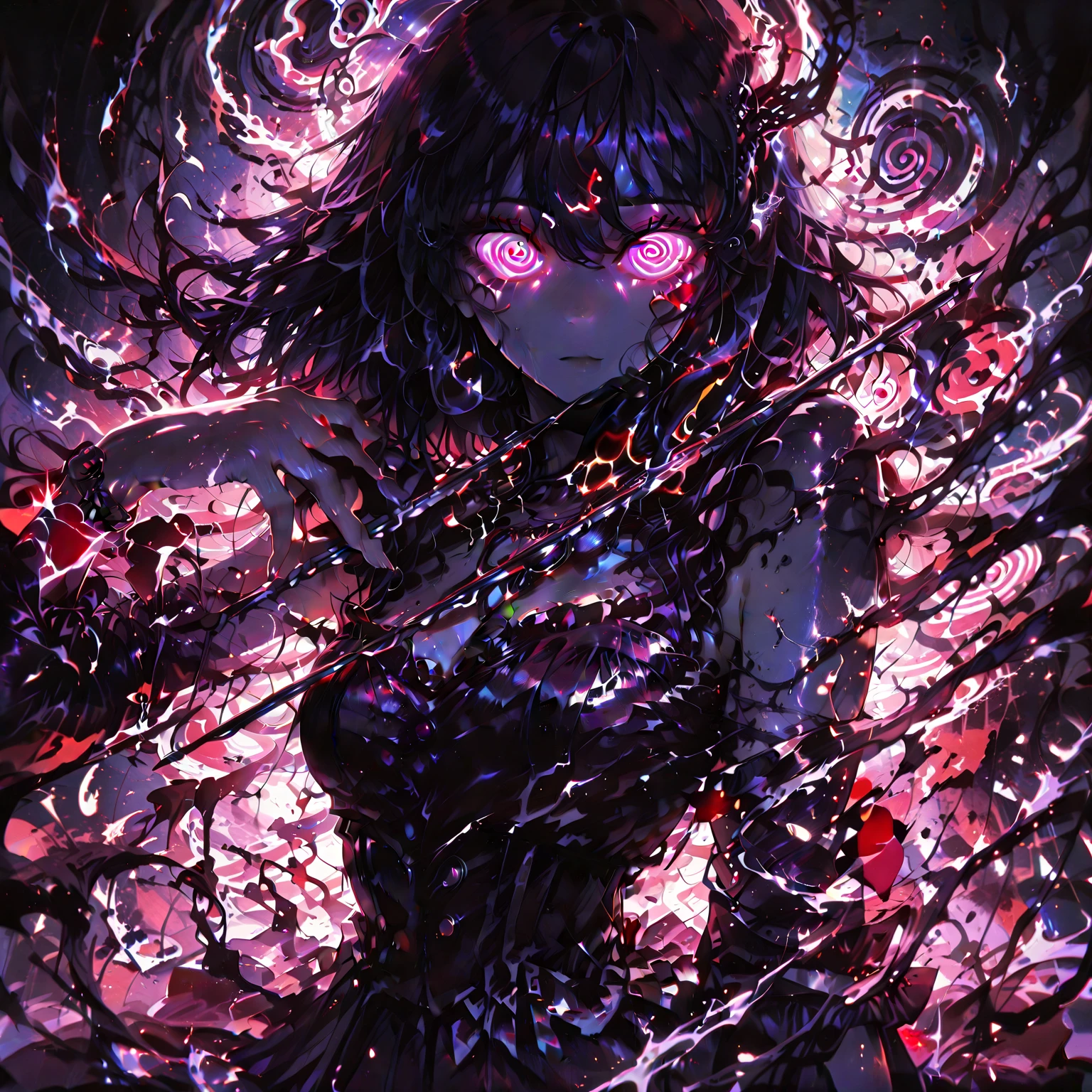 A demon girl with black horns on her head,Beauty,Black hair,Red eyes,Evil,Sexy,Big breasts,Beautiful figure,Left leg in black,Right leg bare,Black high heels,exposed,((Pure purple background))