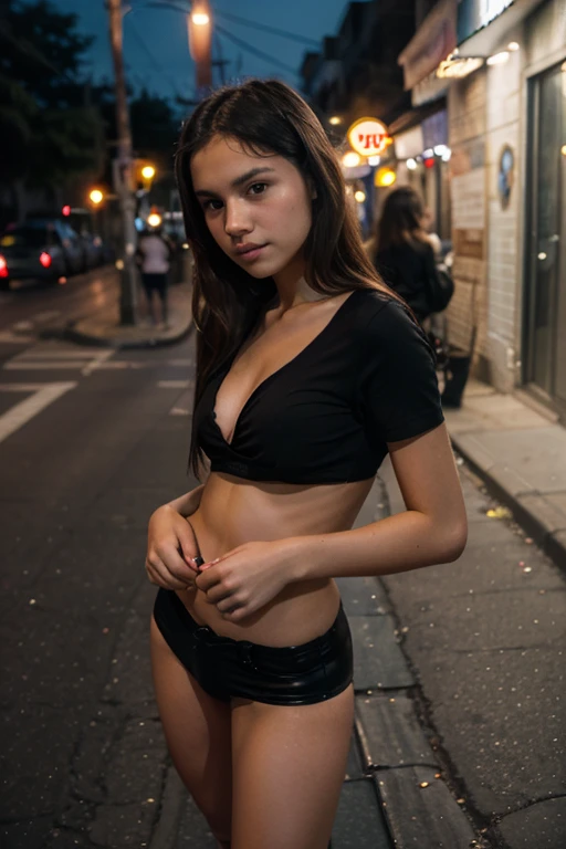 (masterpiece, best quality:1.2), 1girl, solo, mjr, ultra high quality image, a 21 year old brunette woman, modeling a washed denim tight mini dress with all over zipper, in a parking lot of a shopping mall, full of cars, at noon