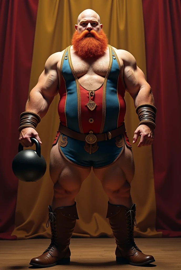 Hyperrealistic image of an old 19th century blonde German Steampunk circus ringmaster with bare torso gray hair with huge handlebar mustaches A super heavy bodybuilder flexing his muscles A full body obese bodybuilder with a very sweaty body An elderly extremely muscular man and extremely fat man over 70 years old weighing over 600 pounds a very hairy muscular man with very large sagging legs large pectorals dark nipples and gynecomastia on the ring of a circus wearing white riding pants and black high top boots