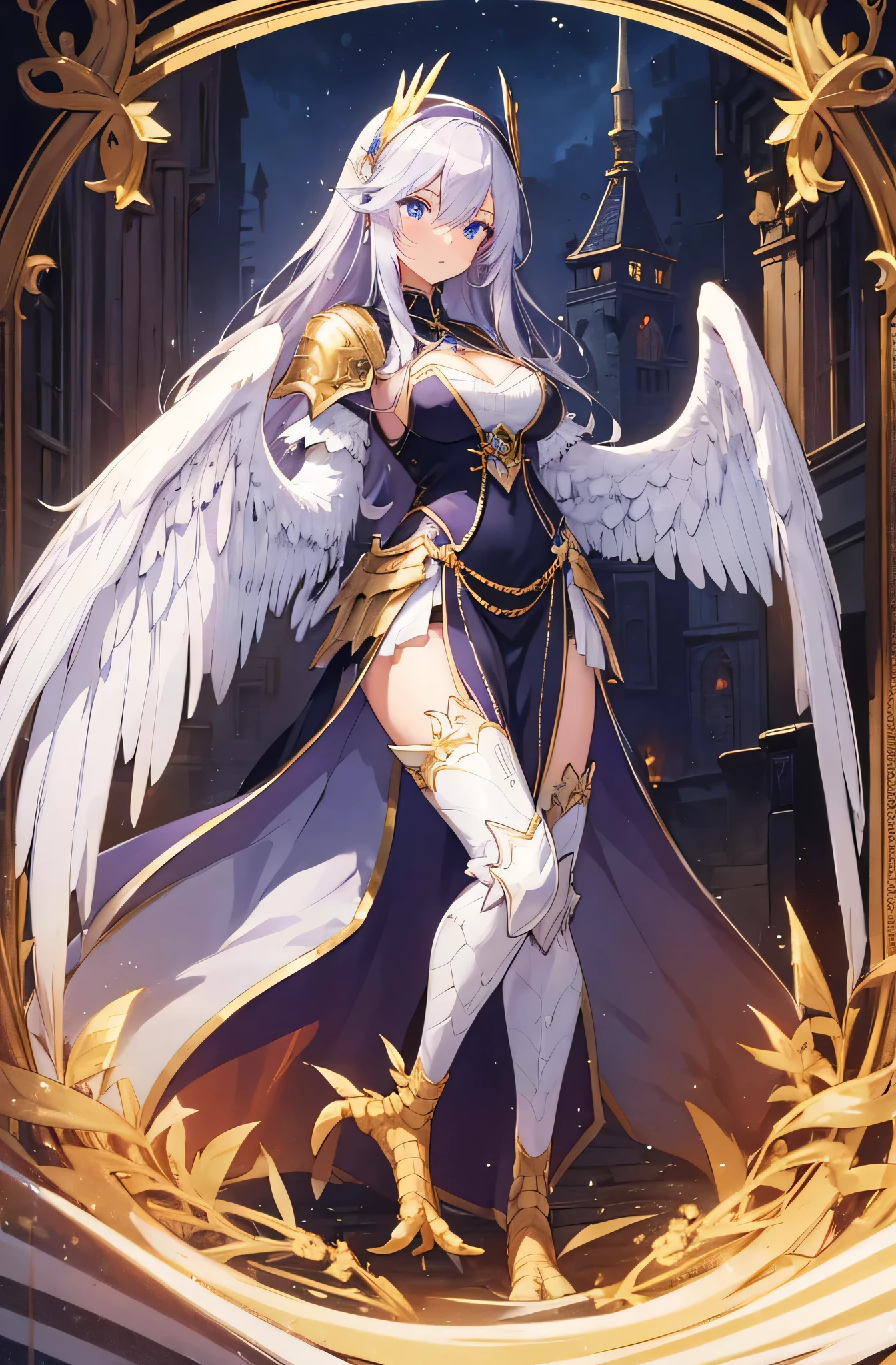 4K,High resolution,one woman,harpy,White purple hair,long hair,blue eyes,big breasts,white wings,golden nails,Valkyrie,white holy armor,winged hat,Jewelry Decoration,crystal decoration,gold decoration,Temple in the Sky