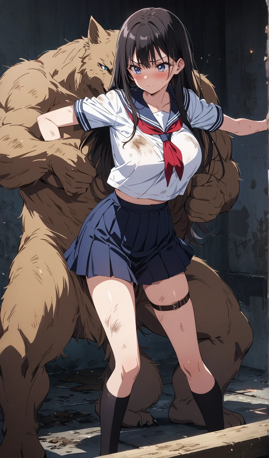 masterpiece, best quality,anime style, 1 girl,(((slender body))), (((small breast))),(((hot pants, white tanktop,red tie))),(((((a gorilla man grabbing the girl))))), ((((restrained, arms behind back)))),((((cum)))), (beautiful face), (((medium hair))), (((straight hair))), ((((black hair)))),detailed beautiful skin, (perfect hands, perfect anatomy)
