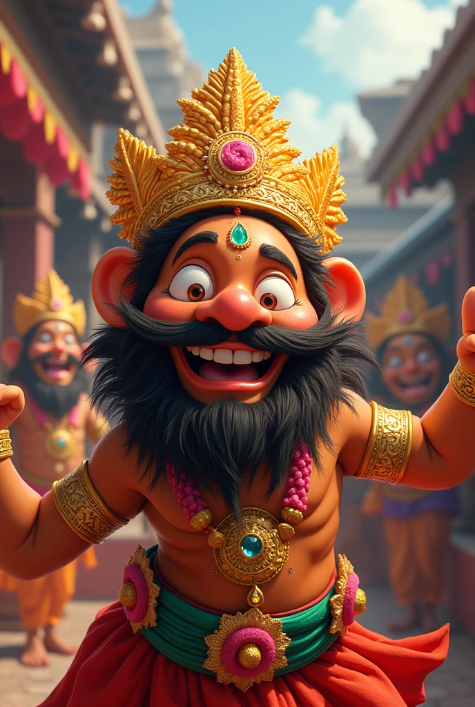 "It appears to depict a 3D character, likely styled after traditional Indian royalty or a deity, with exaggerated features for a comedic or friendly effect. The character is a male, with a broad smile, wide eyes, and a bushy mustache. He is wearing a golden crown adorned with red jewels and has long, wavy black hair. His attire includes a white dhoti, various gold jewelry like necklaces, earrings, and bracelets, and he is holding a Marshall speaker in his left hand. His expression is joyful and surprised, with his right hand gesturing as if he's excited or amazed by something. The overall style is vibrant and human."