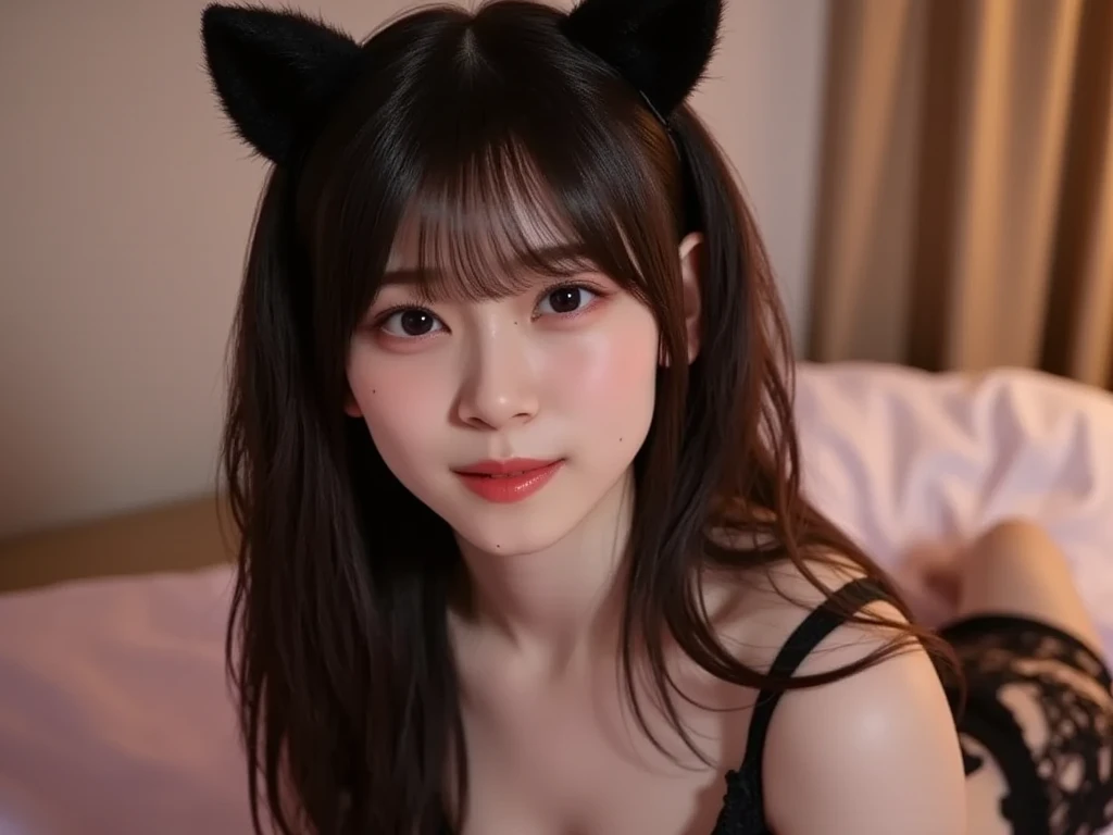 (Heavy chest)、highest quality、masterpiece、超A high resolution、(highest quality,8k,RAW Photos,Realistic,High resolution:1.2),A beautiful woman who became a dog、Beautiful woman in fur、Japan 27 years old、Perfect cleavage,Wearing fur、Scheming Face、An evil look、Siberian Husky fur and ears,jack3tdr3ss,Intricate lace lingerie
