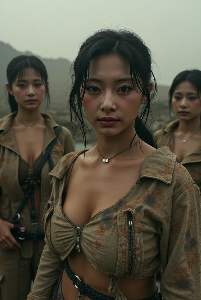 super fine illustration, ultra high resolution, masterpiece, highest quality, perfect lighting, detailed lighting, dramatic shadow, ray tracing, 1 beautiful white girl, solo, looking at viewer, medium breasts, exposed cleavage, beautiful detailed hazel eyes, sharp face, clear eyes, long bang, ((medium curly blond hair:1.2)), ((post-apocalyptic fiction)), ((desert:1.2)), ((battle suit:1.2)), (((military harness))), Resident Evil Series, full body,