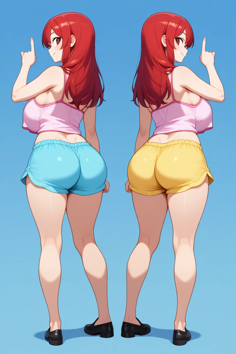 Best quality,ultra detail,2 girls, 1 девушка Physical data": (""Small breasts" + "perfect, elastic ass" + "wide hips" + "toned hips" + "athletic figure" + "curvy lips" + "Short red hair" + "brown eyes” (""Black bra with a cropped top and a cardigan over it" + "short white shorts" + ”White sneakers", 2 девушка Big breasts" + "perfect round ass" + "athletic hips" + "plump hips" + "perfect figure" + "curvy, plump lips" + "Long pink hair pulled back in a ponytail" + "blue eyes"”)}, , {”Clothes“: ("Wearing a white sleeveless T-shirt + no bra under the T-shirt" + "Light skirt, above the knees" ((They stand opposite each other and look at the camera))