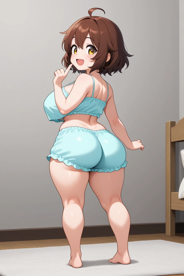 masterpiece, best quality, ultra-detailed, extremely detailed, illustration, leaning forward, 1girl, solo, takao, nsfw, striped panties, wearing white tank top, ((big booty)), ((tight shorts)), booty shorts, small breasts, thighs, smile, open mouth, in her room, indoors, chubby, ((showing big ass)), buttcrack, ((showing bare ass buttcrack)), ((plump ass)), nice big butt, big ass, large ass, thick thighs, girly panties, torn clothing,