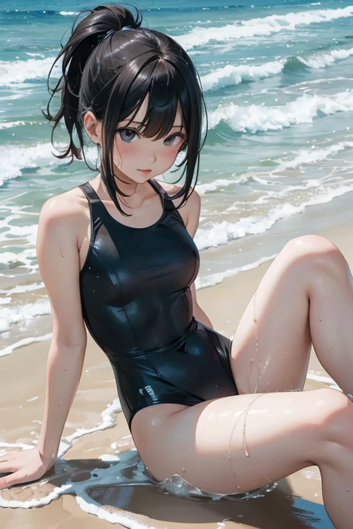 (masutepiece:1.2), (Best Quality:1.2), (Ultra-detailed),(beautiful artwork),(8K Wallpaper)、(exquisite lighting and shadow)、(highly dramatic picture)、(cinematic lens effects)、Young woman wearing a school swimsuit on the sandy beach、Some people were wearing dark blue school swimsuits..., 1girl in, School Swimsuit, Solo, (dark blue school swimsuit:1.3), onepiece swimsuit, Brown eyes, Covered navel, Black hair, Looking at Viewer, Barefoot, Outdoors, Black hair, (Pony tail),clothes shiny, School Swimsuit, day, Small breasts, Bangs, shiny, (Wet:1.1),(light glow),(Evil smile:1.2),(straggling hair:1.1),(Lens Flare:1.1),(From Side),(Sweat:1.2),(Tsurime:1.3),(sand beach),(hair messy),(Lying down:1.1),(Open hands),