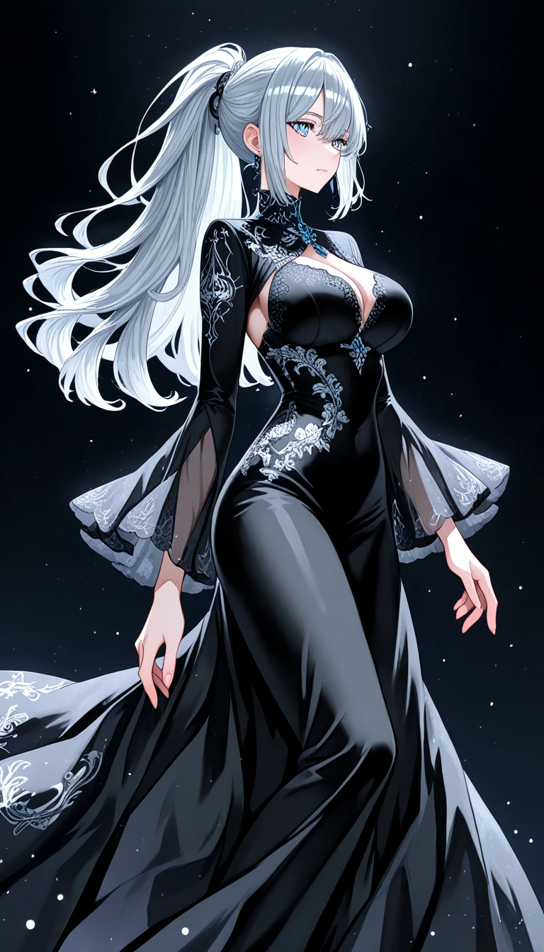 by Wlop,((best quality,4k,highres,masterpiece:1.2)),((character concept art)), 1 female, age 21, German origin. With her platinum blonde hair, icy blue eyes, and an enigmatic aura, she exudes an irresistible allure. Known in the art world as a resourceful and cunning art dealer, Elsa's rumored shadowy past only enhances her intriguing persona. Her body language is as captivating as her intellect, always exuding confidence and sophistication. She is wearing a tailored, sleek black Hugo Boss Style Night Gown, characterized by its luxurious satin fabric, deep V-neckline, and a flowing skirt. The gown's minimalist black color enhances her enigmatic persona. Complementing her attire is a diamond necklace that matches the sparkle in her eyes. Her shoes are Christian Louboutin high heels that add to her stature and grace. ((intricate detail)), super finely detailed hands, ultra finely detailed fingers(((ten fingers))), (standing confidently), (full body showcase), (show full body), (no logos on background), (no logo), ((plain background)), ((plain background)), (((empty background))).