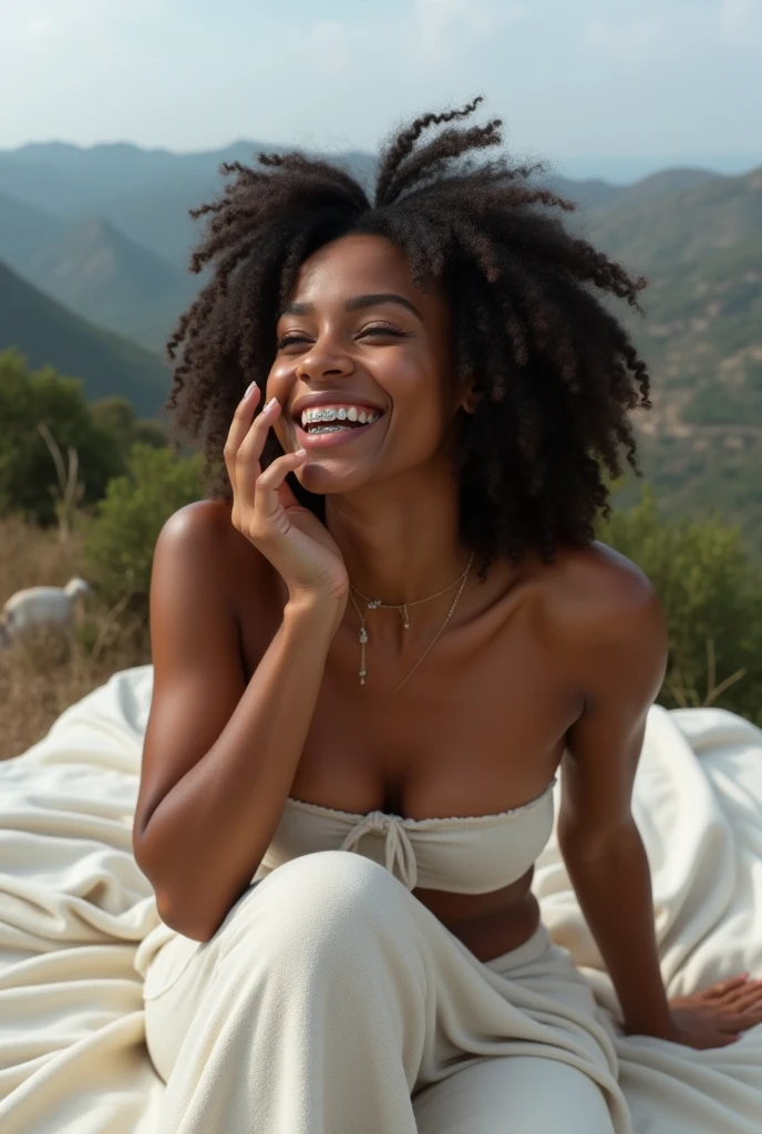 Photorealistic, young black woman, wearing white lace bra, wearing white lace panties, wearing white thigh highs, kneeling on desert, (mouth very wide open and smiling), top down view