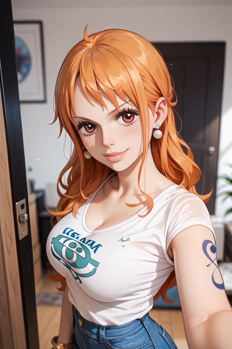 Nami from one piece, t shirt and gym shorts (wine cellar background),very light orange and yellowish haired girl,beautiful brown eyes,blushing cheeks,in a night park smiling at the viewer,large breasts,blushing on the cheek with a free hair .The art style should resemble a captivating anime style. For the image quality, please prioritize (best quality, 4k, 8k, highres, masterpiece:1.2), ultra-detailed, and (realistic, photorealistic, photo-realistic:1.37) rendering. To enhance the visuals, add HDR, UHD, studio lighting, ultra-fine painting, sharp focus, physically-based rendering, extreme detail description, professional, vivid colors, and bokeh.