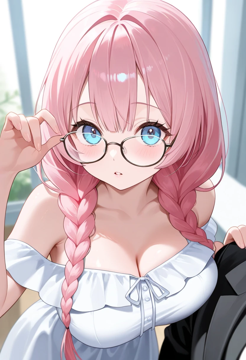 (Best image quality),masterpiece,8k wallpaper,One Woman,22 years old,Europe,((German folk costume)),Large Breasts,Cleavage,On all fours,Looking up at the audience,Captivating smile,Pink Cheeks,((Glasses)),The background is a German village,Natural soft light,frontage,70 degree angle of view