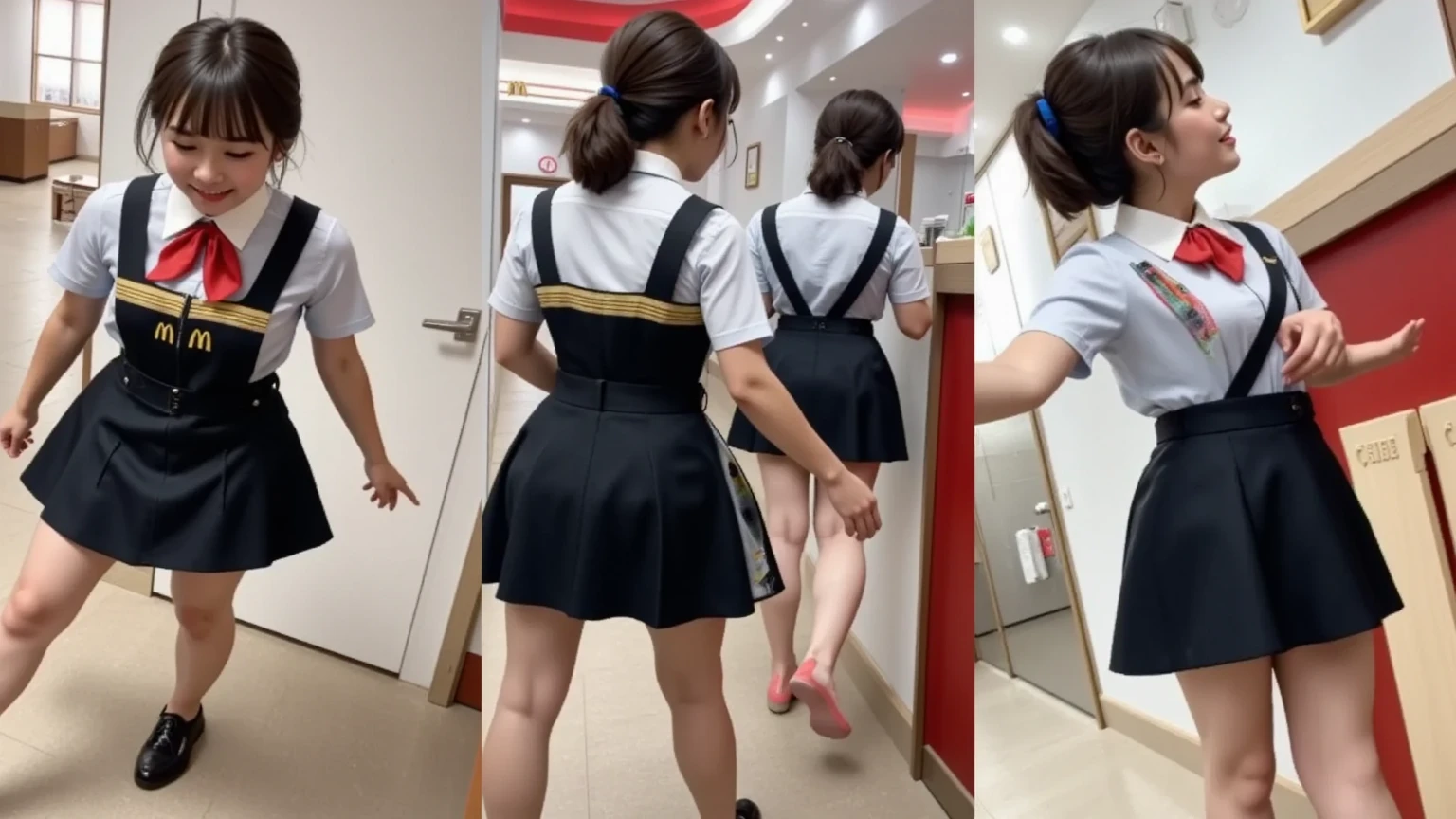 There was a woman standing in a room,There was a chair and bunk beds, in the style of sifu 🔥 😎 🕹️ 👀 :2, dancing in the background, t pose, she is dancing, distorted pose, posing in the bedroom, a variety of poses, Cool pose, with acient chinese clothes, in school uniform, doing a sassy pose