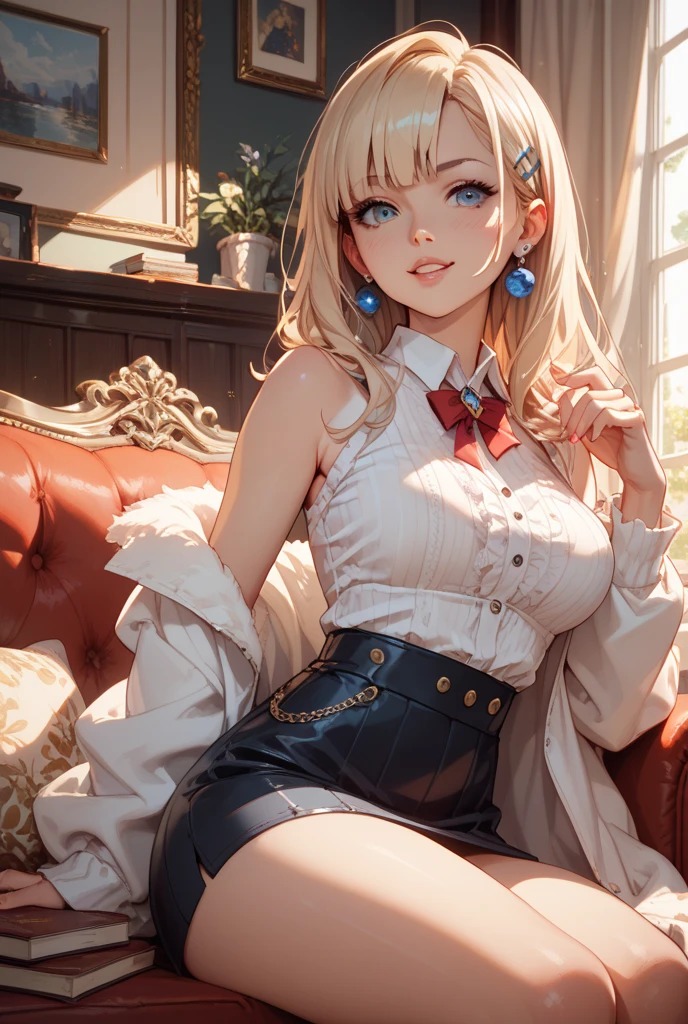 (On the table, Best quality at best:1.2), Alone, 1 girl in, ge2amiella, light smile, looking at viewert, both hands on hip, has cleavage, tartan, underbust, Elbow woods, plaid skirts, thighs, thighs, thighs, navel