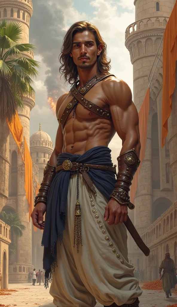 (((Solo character image.))) (((Generate a single character image.)))  (((Dressed in medieval fantasy attire.))) (((Very sexy facial expression.)))  Sexy male fantasy character.  Physique like a male warrior.  Sexy smirk.  This is a dashing male adventurer in a high fantasy setting.  Dresses like a male gypsy.  Romani. Swashbuckler fashion.  He is attractive and has all the attributes that make him a heartthrob. (1boy, one male) (male focus) ((front view)) (full body),  ((muscular male, bodybuilder)), (large pectorals) (big pecs), (hairy), (chest hair, abdomen hair), thick epic, heroic, tanned, perfect face, (detailed facial features), long hair, sexy smile, outdoor setting, highly detailed, volumetric light, artstation, 